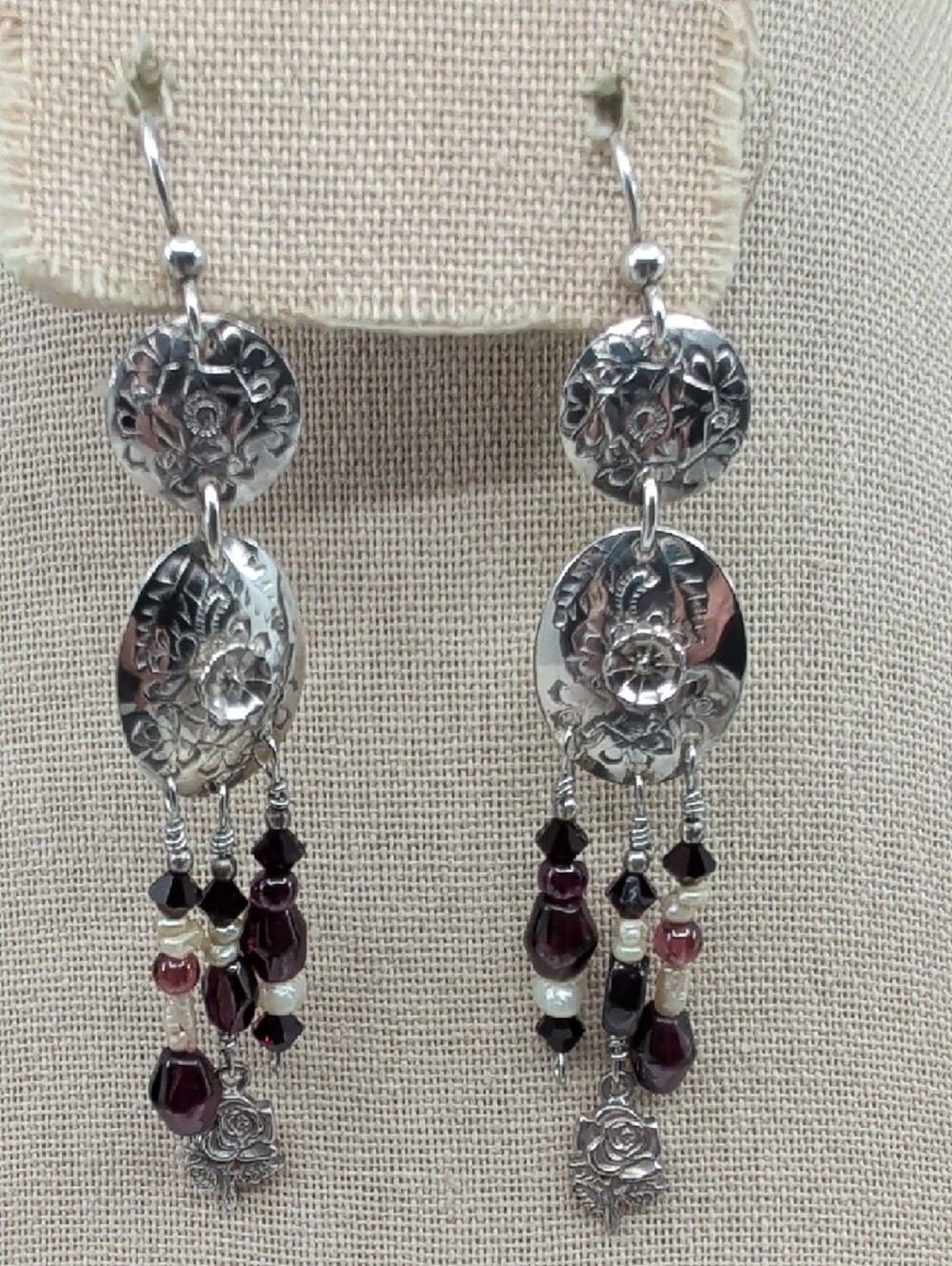 Vintage 925 Sterling Silver Floral Repoussé Chandelier Earrings 3" - Picture 10 of 17